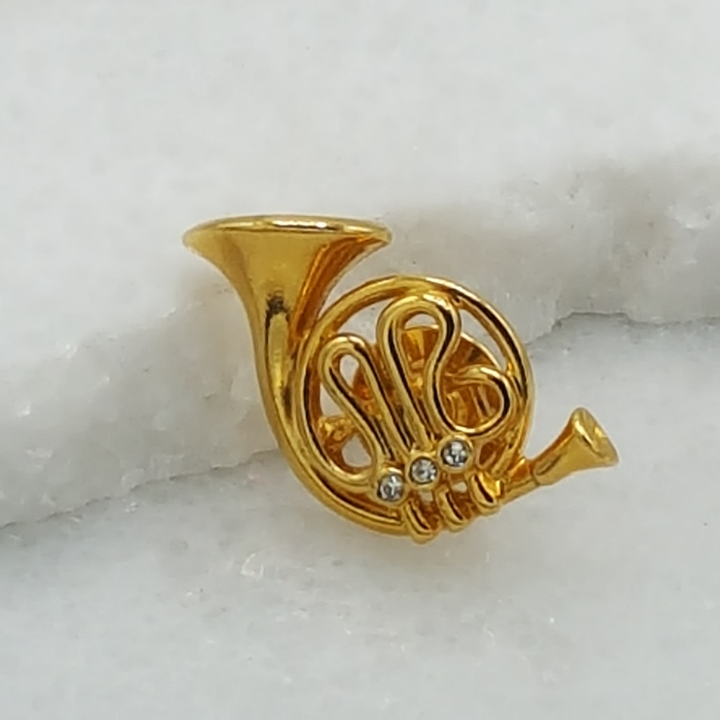 Gold & Crystal French Horn Lapel Pin/Brooch